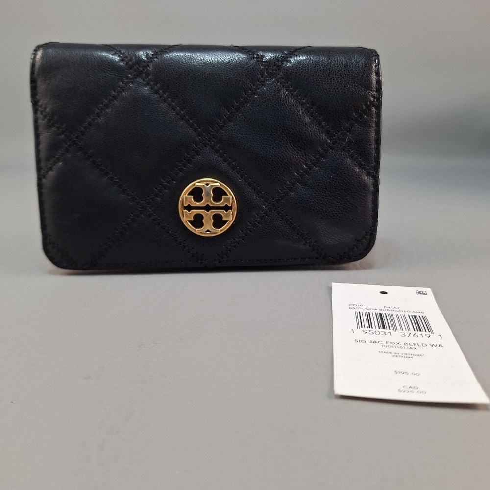 Tory Burch Leather Black Quilted Wallet Willa Medium Bifold